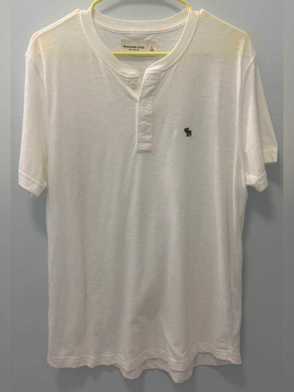 Abercrombie & Fitch Men's White Short-Sleeve Henley with Black Moose Logo